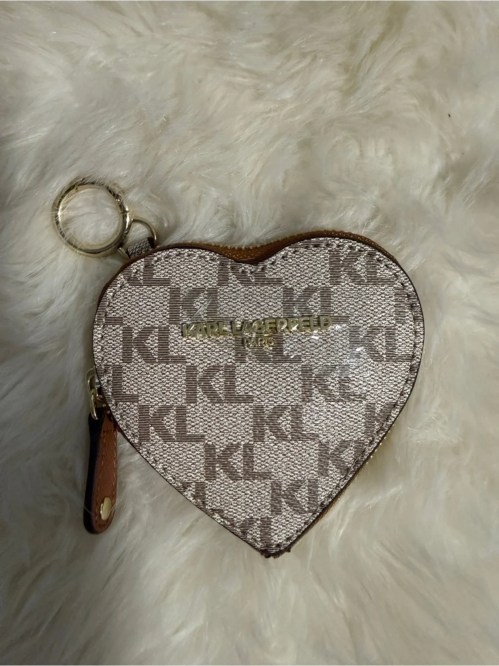 Karl Lagerfeld Beige & Brown Heart Monogram Key Coin Pouch